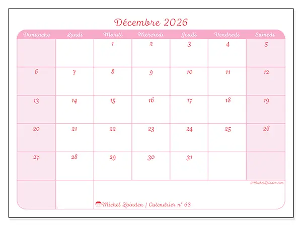 Calendrier décembre 2026 à imprimer - Organisation en douceur - Semaine du dimanche au samedi
