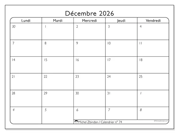 Calendrier décembre 2026 à imprimer - Organisation du travail