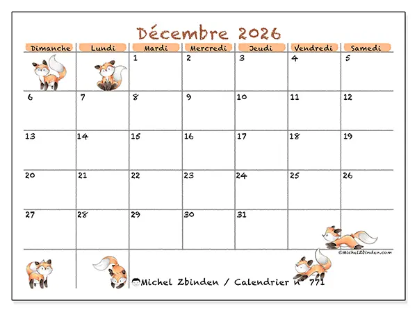 Calendrier décembre 2026 à imprimer - Dessins de renards - Semaine du dimanche au samedi