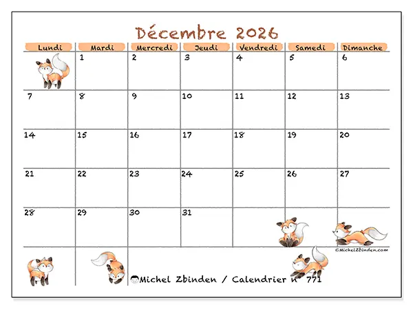 Calendrier décembre 2026 à imprimer - Dessins de renards