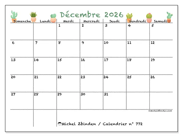 Calendrier décembre 2026 à imprimer - Cactus décoratifs - Semaine du dimanche au samedi