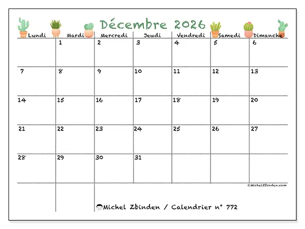 Calendrier décembre 2026 à imprimer - Cactus décoratifs