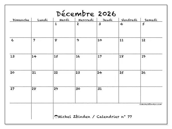 Calendrier décembre 2026 à imprimer - École et famille - Semaine du dimanche au samedi