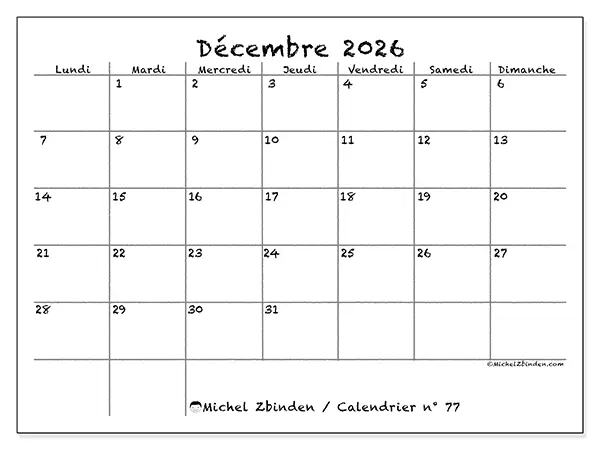 Calendrier décembre 2026 à imprimer - École et famille