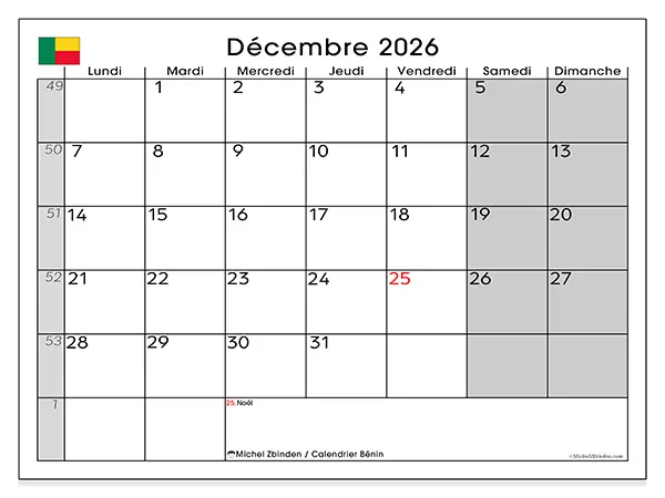 Calendrier décembre 2026 à imprimer - Bénin