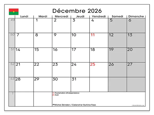 Calendrier décembre 2026 à imprimer - Burkina Faso