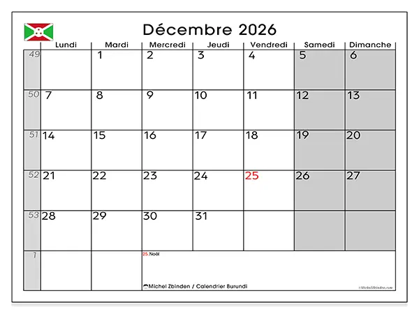 Calendrier décembre 2026 à imprimer - Burundi
