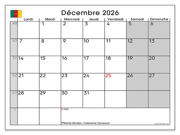 Calendrier décembre 2026 à imprimer - Cameroun