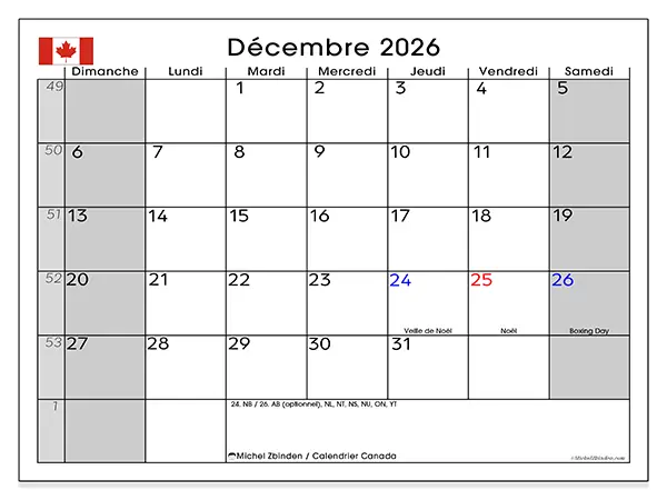 Calendrier décembre 2026 à imprimer - Canada