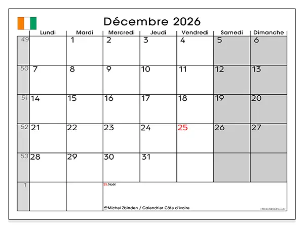 Calendrier décembre 2026 à imprimer - Côte d’Ivoire