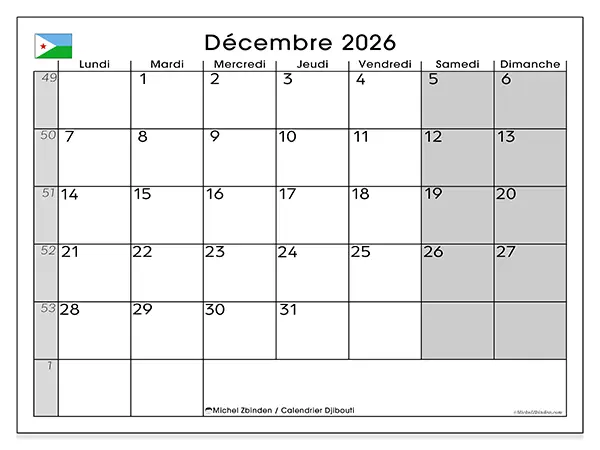 Calendrier décembre 2026 à imprimer - Djibouti