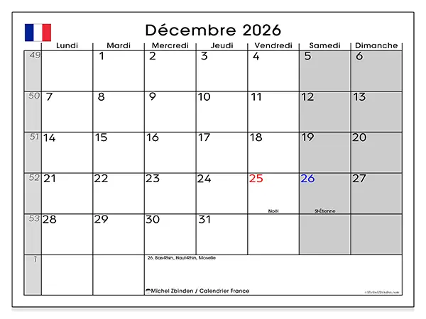 Calendrier décembre 2026 à imprimer - France