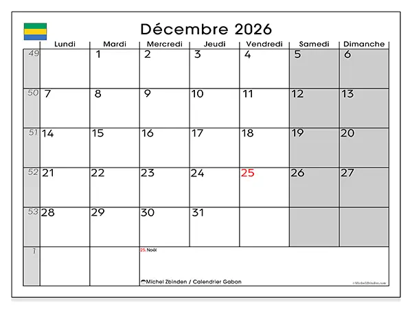 Calendrier décembre 2026 à imprimer - Gabon