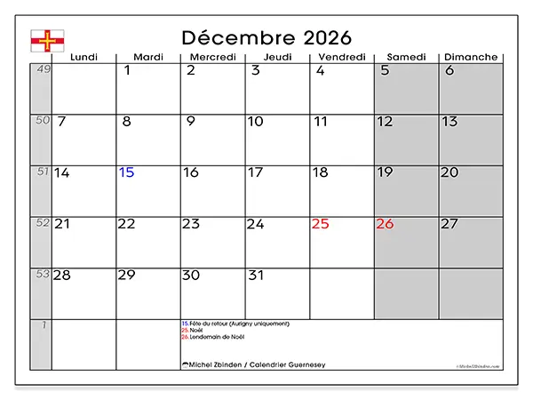 Calendrier décembre 2026 à imprimer - Guernesey