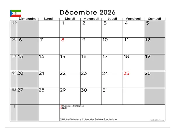 Calendrier décembre 2026 à imprimer - Guinée équatoriale