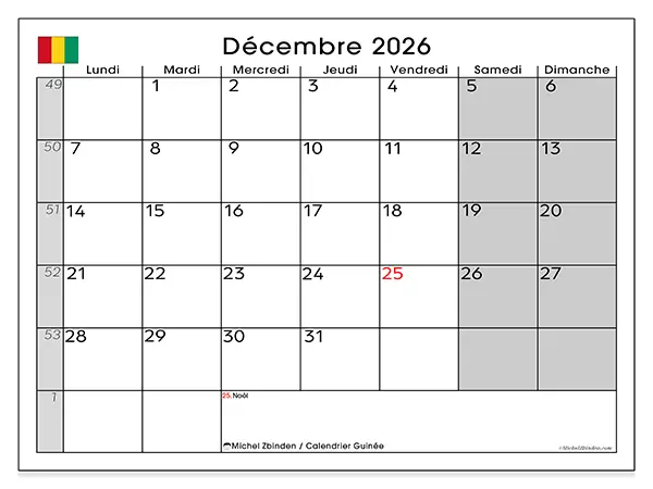 Calendrier décembre 2026 à imprimer - Guinée