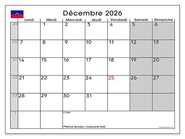 Calendrier décembre 2026 à imprimer - Haïti