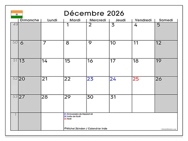 Calendrier décembre 2026 à imprimer - Inde