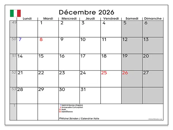 Calendrier décembre 2026 à imprimer - Italie