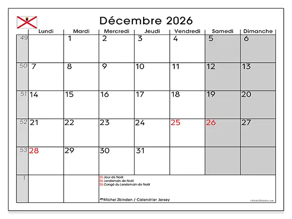 Calendrier décembre 2026 à imprimer - Jersey
