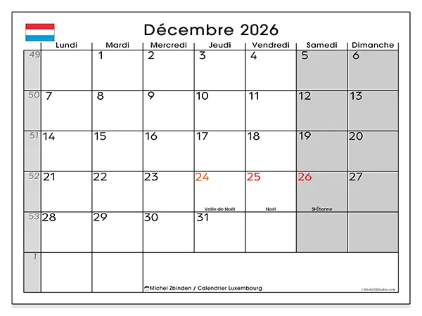 Calendrier décembre 2026 à imprimer - Luxembourg