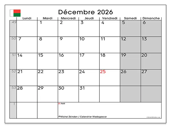 Calendrier décembre 2026 à imprimer - Madagascar