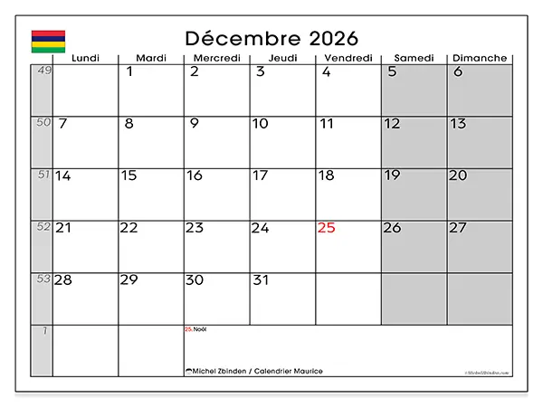 Calendrier décembre 2026 à imprimer - Maurice
