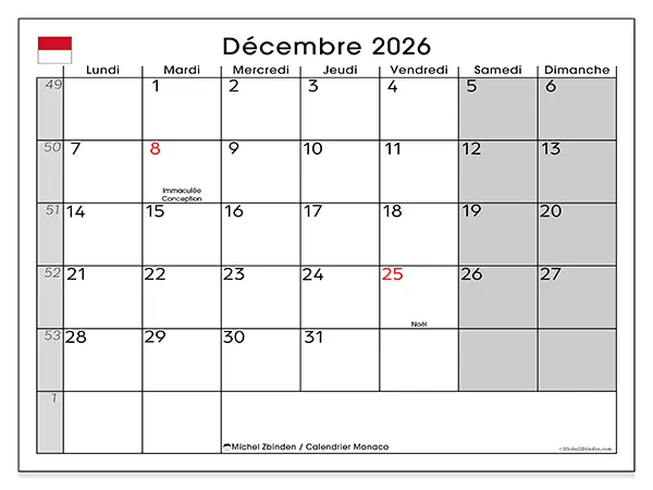 Calendrier décembre 2026 à imprimer - Monaco