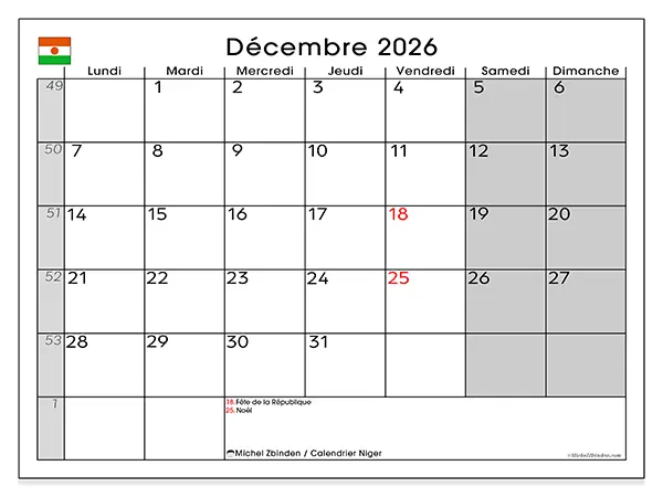Calendrier décembre 2026 à imprimer - Niger