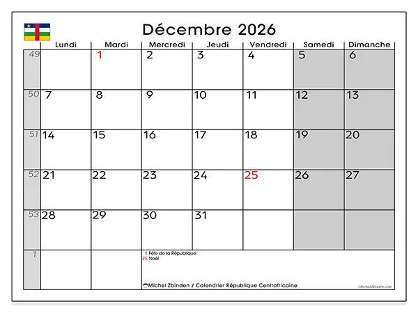 Calendrier décembre 2026 à imprimer - République centrafricaine