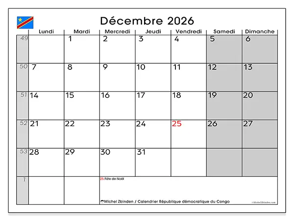 Calendrier décembre 2026 à imprimer - République démocratique du Congo