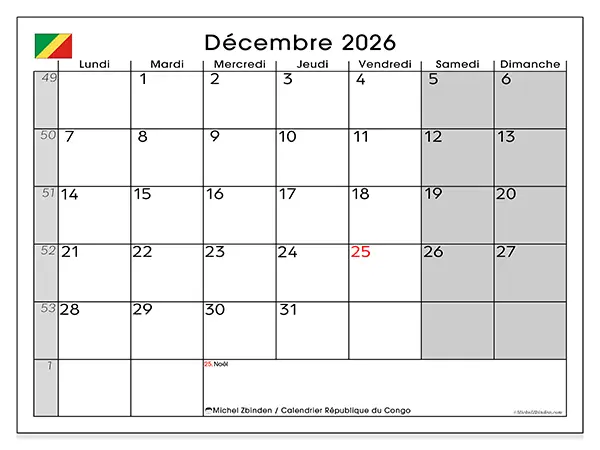 Calendrier décembre 2026 à imprimer - République du Congo