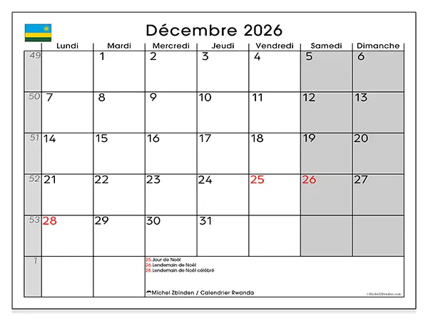 Calendrier décembre 2026 à imprimer - Rwanda