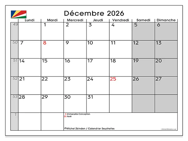 Calendrier décembre 2026 à imprimer - Seychelles