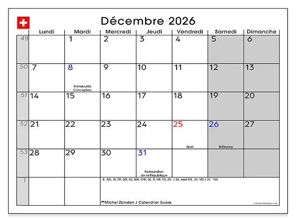 Calendrier décembre 2026 à imprimer - Suisse
