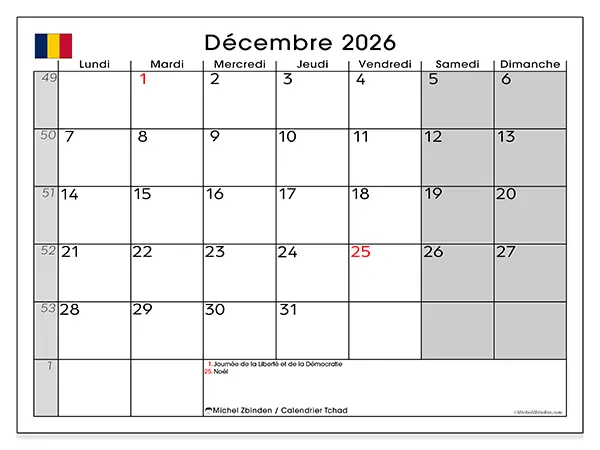 Calendrier décembre 2026 à imprimer - Tchad