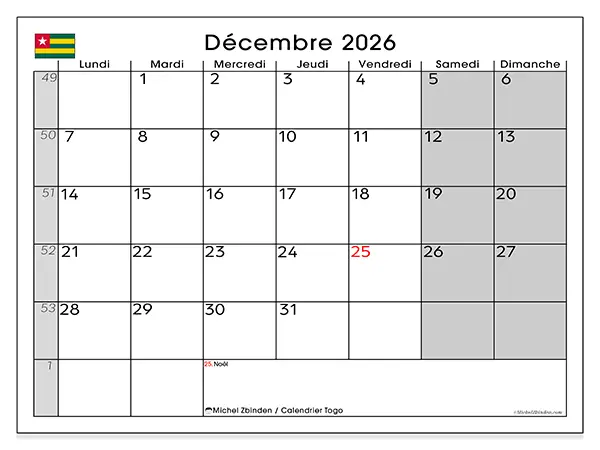 Calendrier décembre 2026 à imprimer - Togo