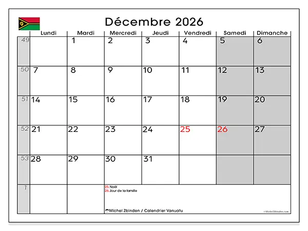 Calendrier décembre 2026 à imprimer - Vanuatu