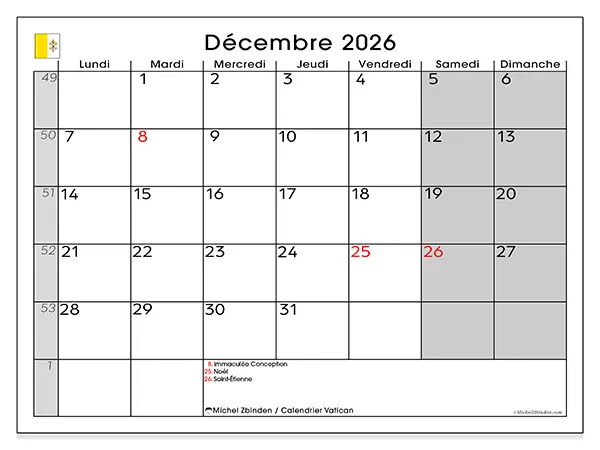Calendrier décembre 2026 à imprimer - Vatican