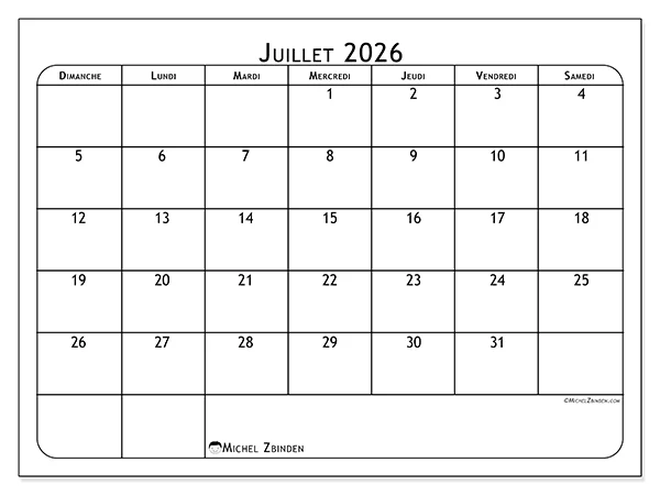 Calendrier juillet 2026 à imprimer - Passion football - Semaine du dimanche au samedi