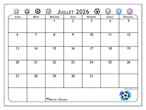 Calendrier juillet 2026 à imprimer - Passion football