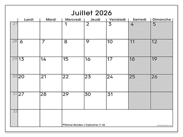 Calendrier juillet 2026 à imprimer - Organisation parfaite