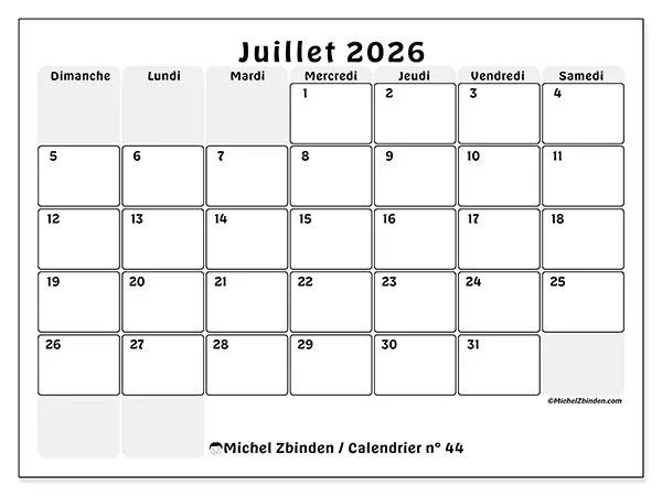 Calendrier juillet 2026 à imprimer - Planning structuré - Semaine du dimanche au samedi