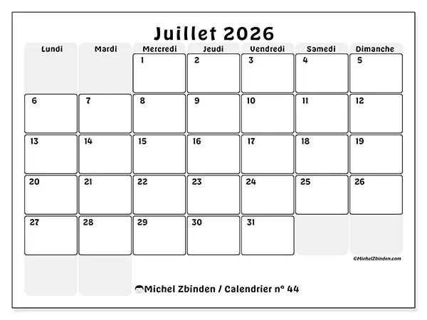 Calendrier juillet 2026 à imprimer - Planning structuré