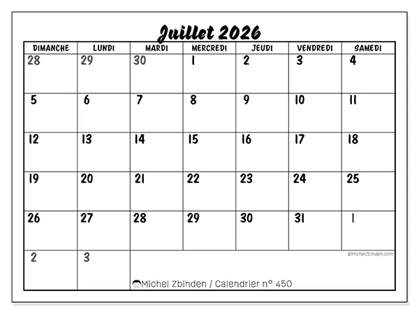Calendrier juillet 2026 à imprimer - Organisation détaillée - Semaine du dimanche au samedi