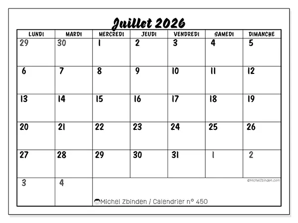 Calendrier juillet 2026 à imprimer - Organisation détaillée