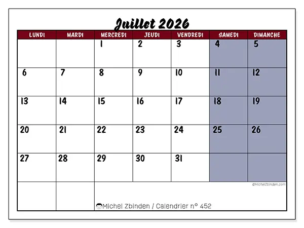 Calendrier juillet 2026 à imprimer - Productivité en couleur