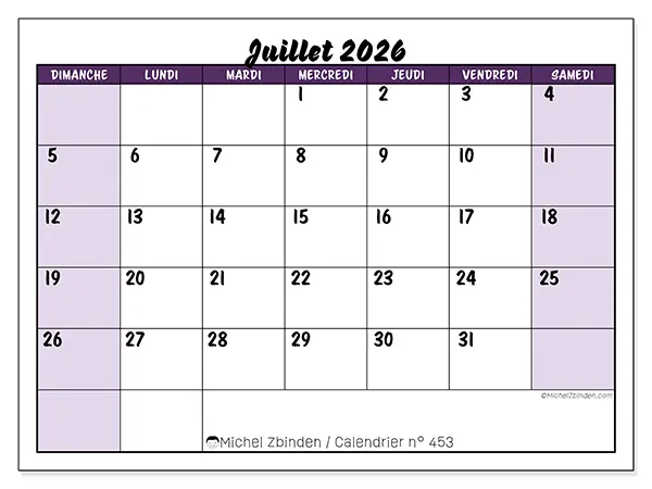 Calendrier juillet 2026 à imprimer - Efficacité colorée - Semaine du dimanche au samedi