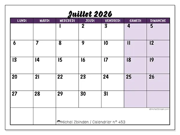 Calendrier juillet 2026 à imprimer - Efficacité colorée