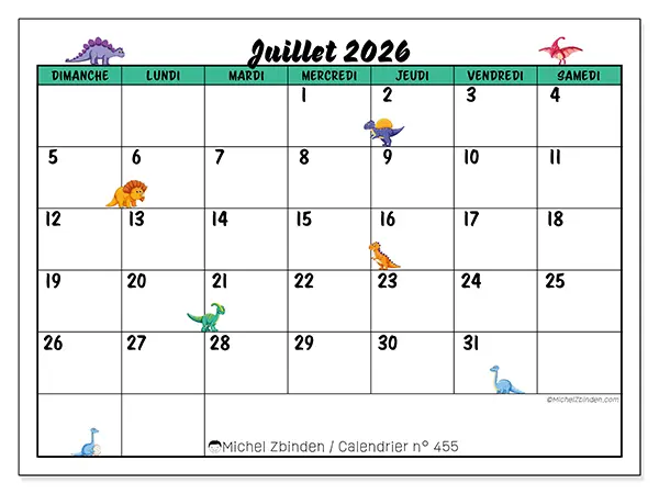 Calendrier juillet 2026 à imprimer - Petits dinosaures - Semaine du dimanche au samedi